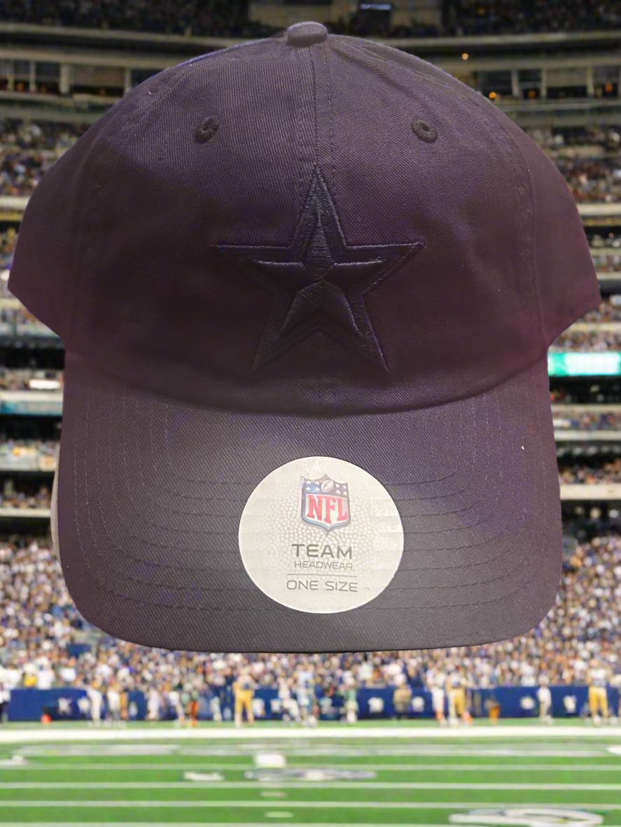 Navy blue cap with star logo and NFL label on a football field background