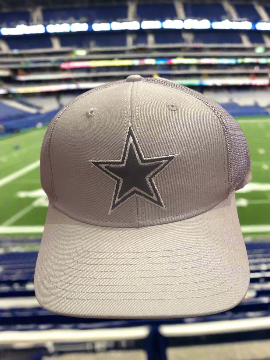 Gray cap with a star logo on a stadium background