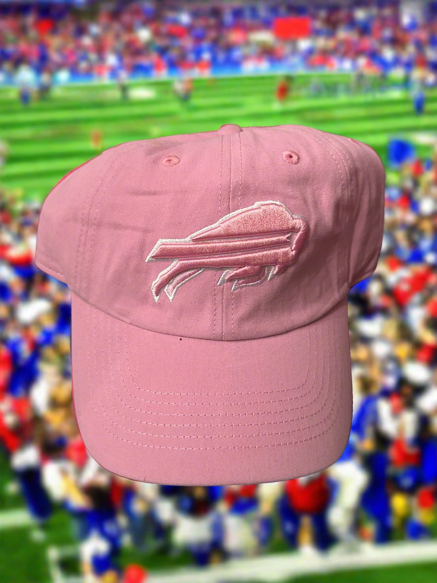 Pink cap with a logo on a reflective surface