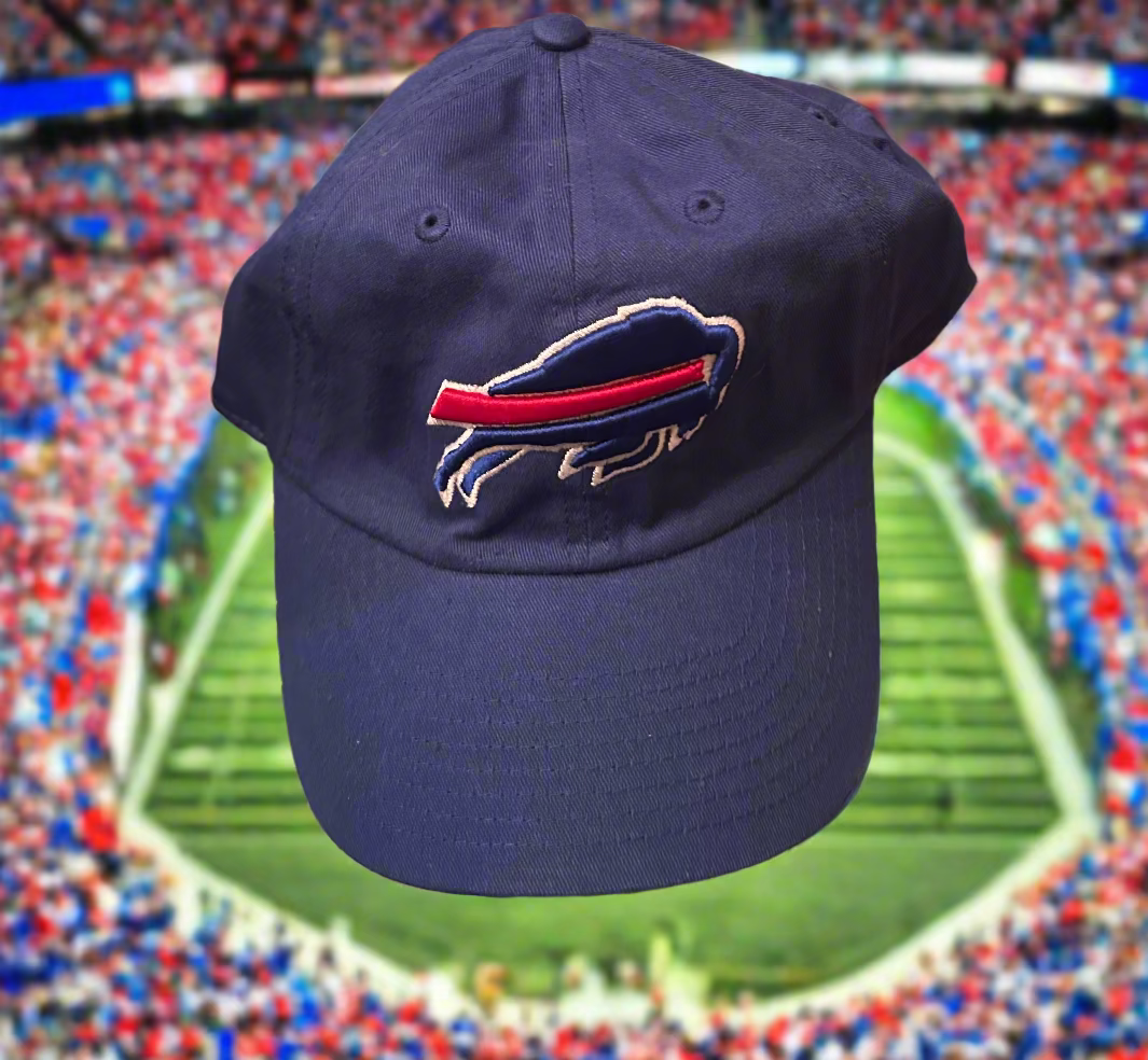 Navy blue cap with a logo on a stadium background